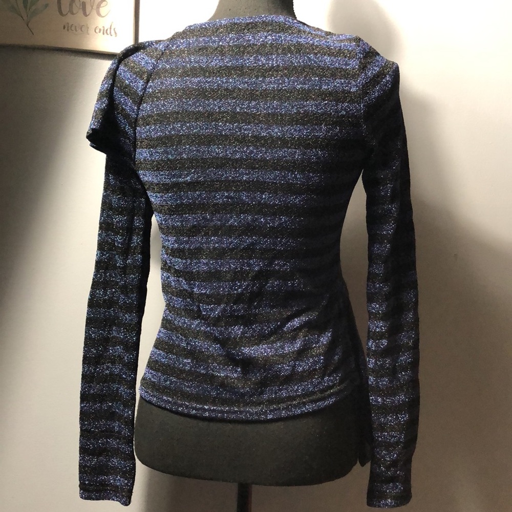 ZARA Blue Black Striped Top Front Frill Long Sleeve V-Neck New (RT$39) Small - Picture 3 of 5